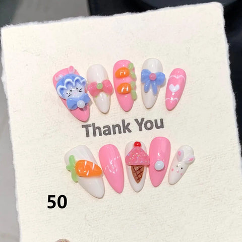 Luxury Handmade Press on Nails 3D Cute Almond Cartoon Gel Nails Thick Acrylic Full Cover Artificial Nails for Girls