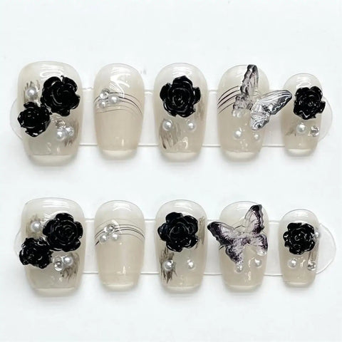 High Quality Shinny Glitter French Tips Luxury Short Coffin 3D butterfly Camellia False Nails Handmade Press on Nails