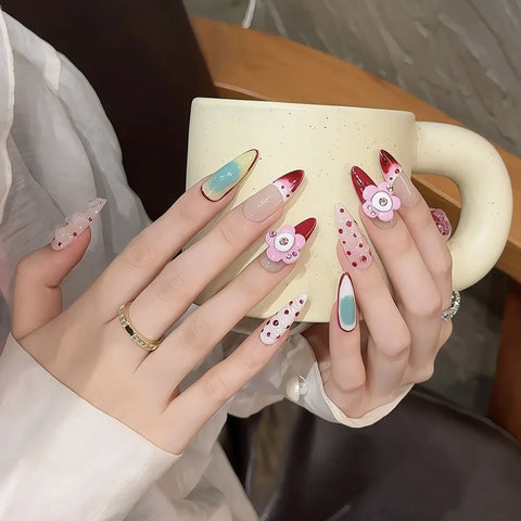 Artificial French Reusable 3D Flower Almond Customized Piranha 3D Flower Carving Gradient Artificial False Nails