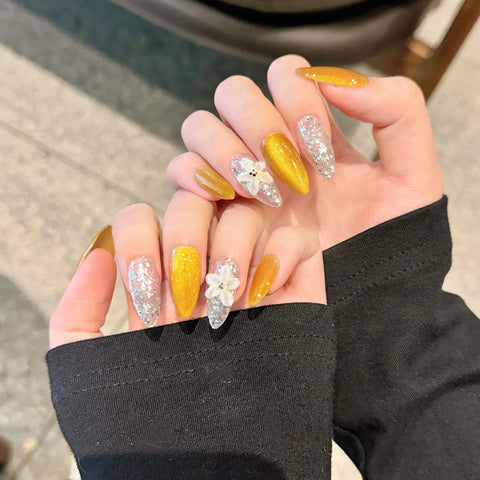 Reusable Almond Press on Nails Handmade Customized Gold 3D Flower Cat Eye Glitter Artificial Fingernails