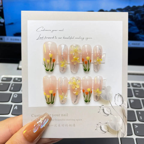 3D Press on Nails Ballerina Medium Coffin French Tip Nails Manicure Acrylic Stick on Nails