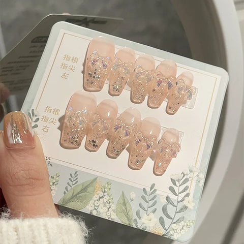 Aurora Bow Glitter Nail Stickers, Detachable Artificial Nails, Ready-to-wear, Handcrafted