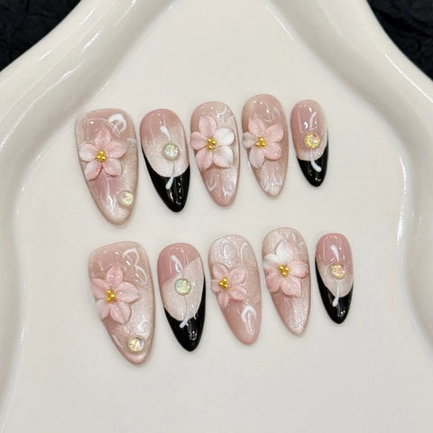10pcs Handmade Acrylic Designer Press-on Nails 3D Flower Almond French Style Nail Art False Nails
