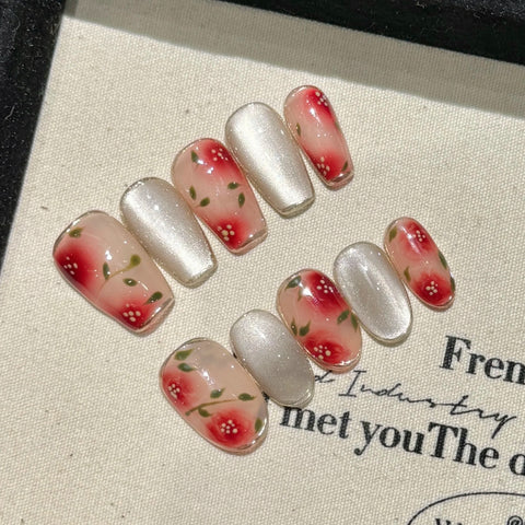 Press on Nails Set with Tool Pack Glitter Cat Eye Flower Nail Art for Summer