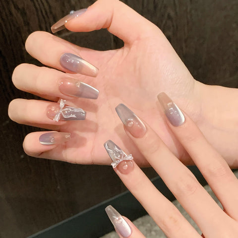 3D Bowknot Gel Nail Art 10pcs Press on Nails Handmade Acrylic Glitter Cat Eye Oval Coffin Nails
