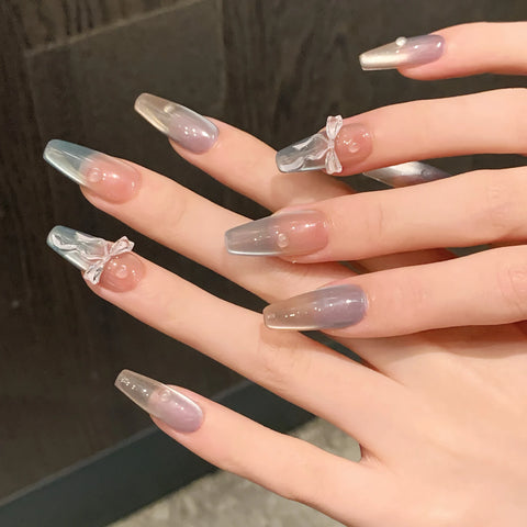 3D Bowknot Gel Nail Art 10pcs Press on Nails Handmade Acrylic Glitter Cat Eye Oval Coffin Nails