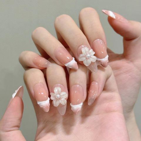 3D Flower Nail Art 10pcs French Press on Nails Handmade Luxury Acrylic Gel Full Cover Almond Nails