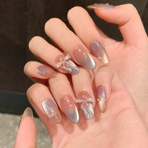 3D Bowknot Gel Nail Art 10pcs Press on Nails Handmade Acrylic Glitter Cat Eye Oval Coffin Nails