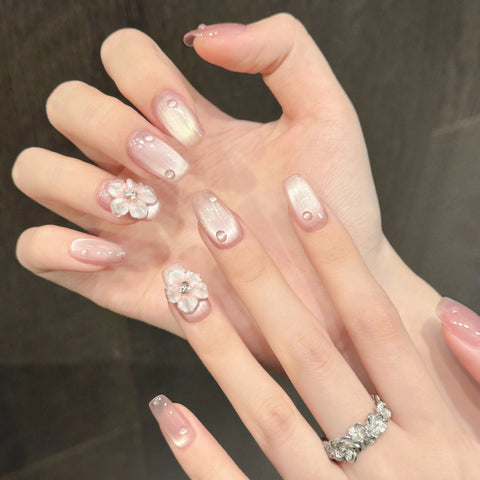 High Quality Pink Cat Eye Square Press on Nail Charms Handmade 3D Flower Gel Artificial Fingernails  Fake Nails
