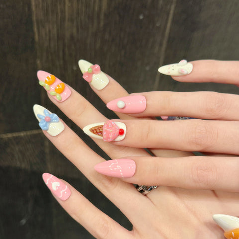 Luxury Handmade Press on Nails 3D Cute Almond Cartoon Gel Nails Thick Acrylic Full Cover Artificial Nails for Girls