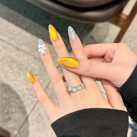 Reusable Almond Press on Nails Handmade Customized Gold 3D Flower Cat Eye Glitter Artificial Fingernails