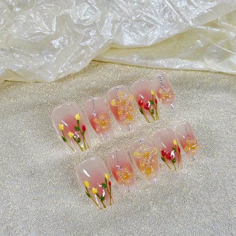 3D Press on Nails Ballerina Medium Coffin French Tip Nails Manicure Acrylic Stick on Nails