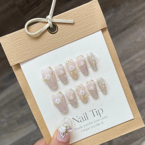 Handmade 10pcs/Set Stick on Nails 3D Flower Nail Art Ballerina Shape Fashionable Trending Ins False Nails