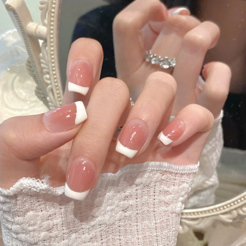 New False Nails Classic French Cream Powder French Simple Nude Short Pure Handmade Nails