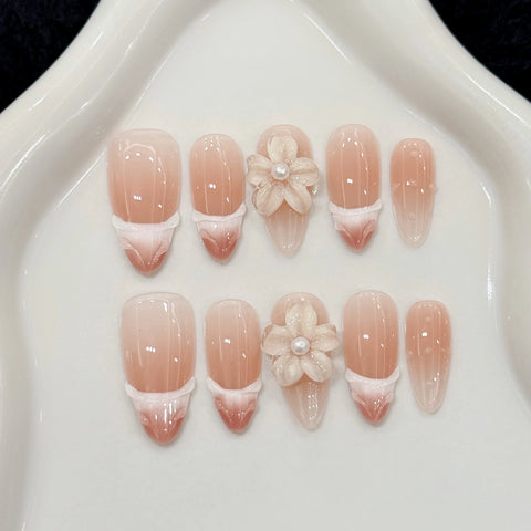 3D Flower Nail Art 10pcs French Press on Nails Handmade Luxury Acrylic Gel Full Cover Almond Nails