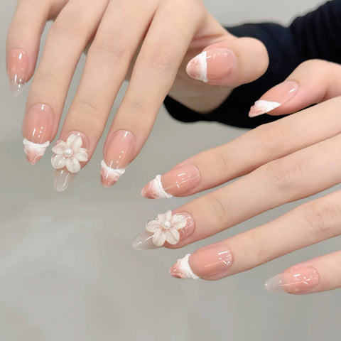 3D Flower Nail Art 10pcs French Press on Nails Handmade Luxury Acrylic Gel Full Cover Almond Nails