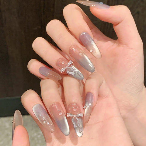 3D Bowknot Gel Nail Art 10pcs Press on Nails Handmade Acrylic Glitter Cat Eye Oval Coffin Nails