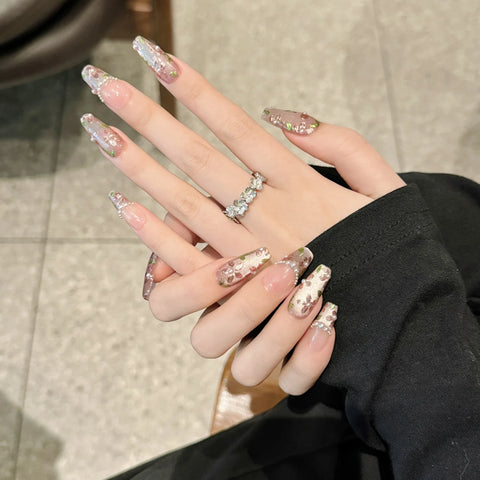 High Quality Handmade  Press on Nails Luxury 3D Hand-painting Flower Acrylic Thick Artificial Nails Set