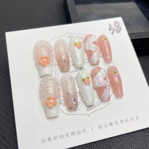 3D French Flower Pink Artificial Fingernails Full Cover Handmade False Nails  Press on Nails