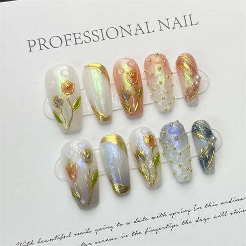 High Quality 3D Nail Art Painting Tulips Flower Press on Nails Set Handmade 10pcs Ballerina Coffin Artificial Nails