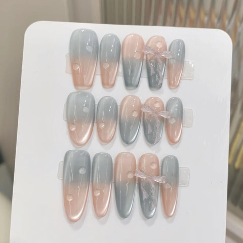 3D Bowknot Gel Nail Art 10pcs Press on Nails Handmade Acrylic Glitter Cat Eye Oval Coffin Nails