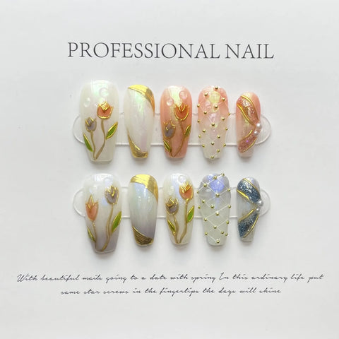 High Quality 3D Nail Art Painting Tulips Flower Press on Nails Set Handmade 10pcs Ballerina Coffin Artificial Nails