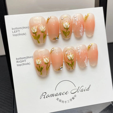 New Design Coffin 3D Art Handmade Tulip Full Cover Press on Nails Long Lasting 10Pcs False Nails