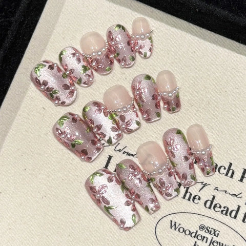 High Quality Handmade  Press on Nails Luxury 3D Hand-painting Flower Acrylic Thick Artificial Nails Set