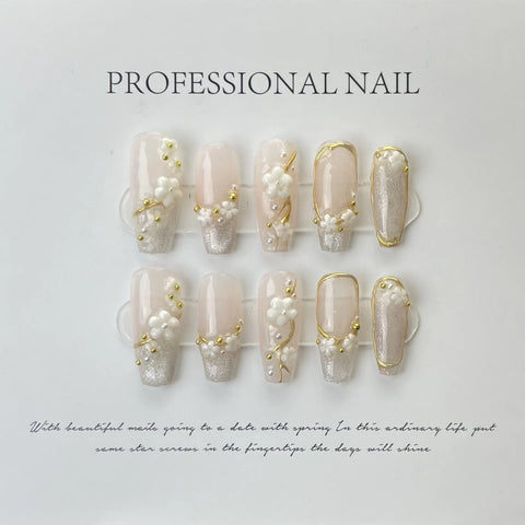 Handmade 10pcs/Set Stick on Nails 3D Flower Nail Art Ballerina Shape Fashionable Trending Ins False Nails