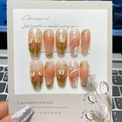 New Design Coffin 3D Art Handmade Tulip Full Cover Press on Nails Long Lasting 10Pcs False Nails