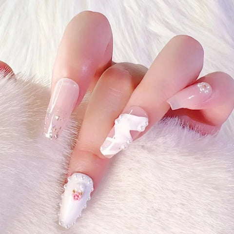 3D French Flower Pink Artificial Fingernails Full Cover Handmade False Nails  Press on Nails