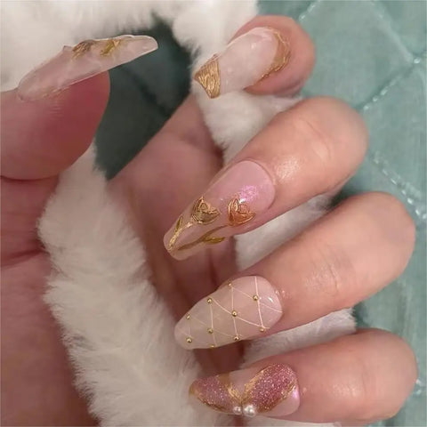 High Quality 3D Nail Art Painting Tulips Flower Press on Nails Set Handmade 10pcs Ballerina Coffin Artificial Nails