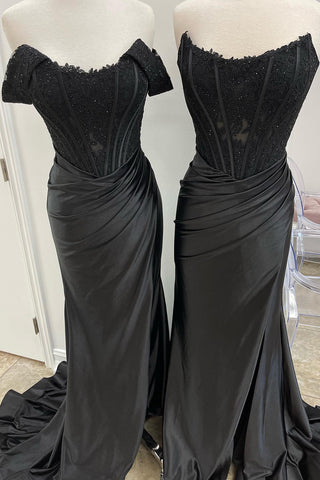 Mermaid Off the Shoulder Satin Prom Dress with Slit