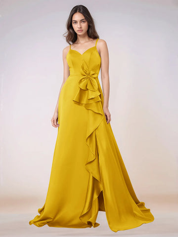 Waist Bow Spaghetti Strap A-line Bridesmaid Dress