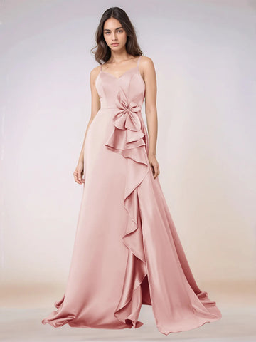 Waist Bow Spaghetti Strap A-line Bridesmaid Dress