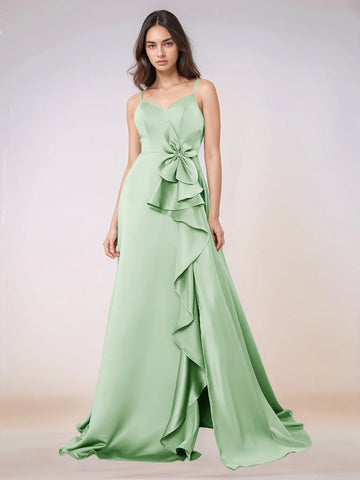Waist Bow Spaghetti Strap A-line Bridesmaid Dress