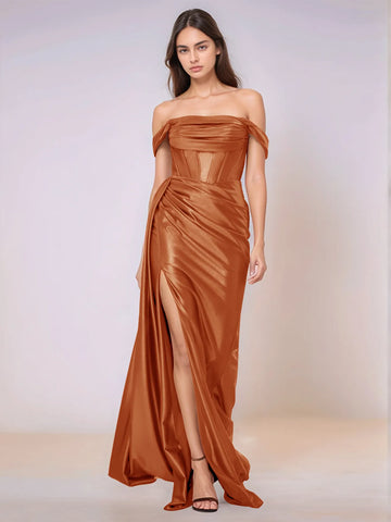Off Shoulder Bodice Drop Waist Satin Bridesmaid Dress with Slit