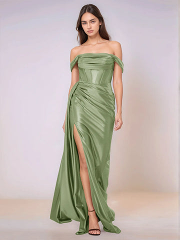 Off Shoulder Bodice Drop Waist Satin Bridesmaid Dress with Slit