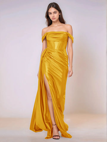 Off Shoulder Bodice Drop Waist Satin Bridesmaid Dress with Slit