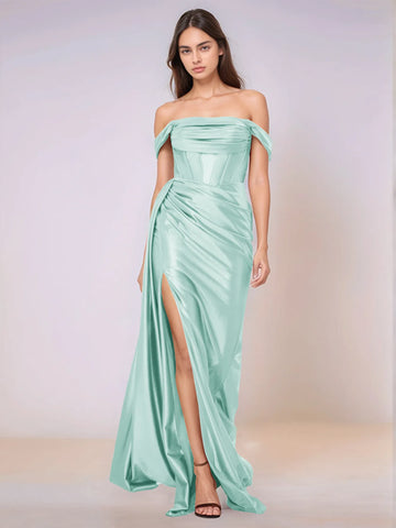 Off Shoulder Bodice Drop Waist Satin Bridesmaid Dress with Slit