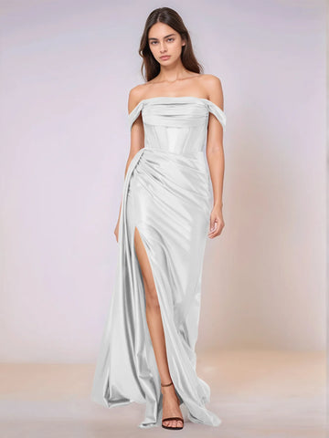 Off Shoulder Bodice Drop Waist Satin Bridesmaid Dress with Slit