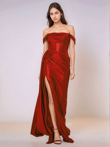 Off Shoulder Bodice Drop Waist Satin Bridesmaid Dress with Slit