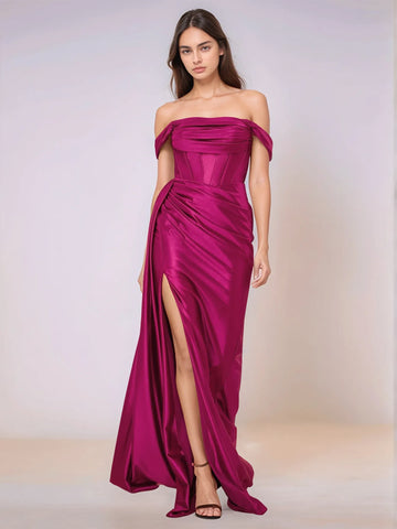 Off Shoulder Bodice Drop Waist Satin Bridesmaid Dress with Slit