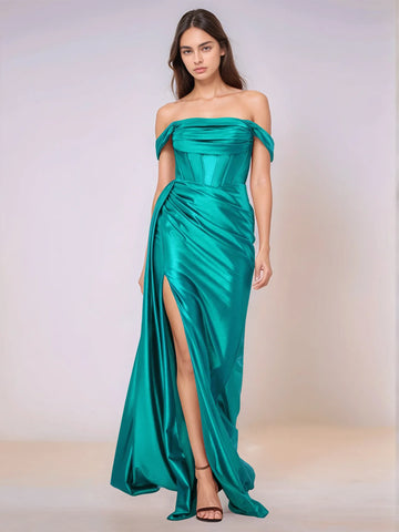 Off Shoulder Bodice Drop Waist Satin Bridesmaid Dress with Slit