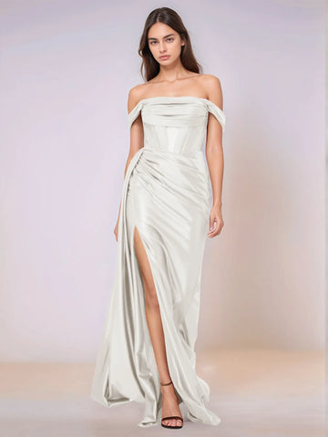 Off Shoulder Bodice Drop Waist Satin Bridesmaid Dress with Slit