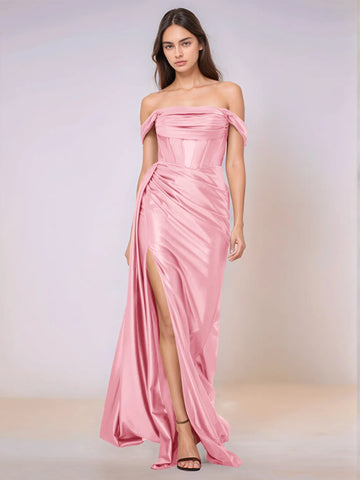 Off Shoulder Bodice Drop Waist Satin Bridesmaid Dress with Slit