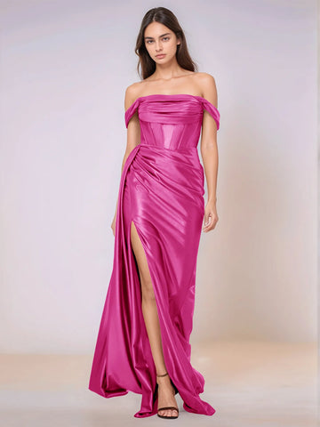 Off Shoulder Bodice Drop Waist Satin Bridesmaid Dress with Slit