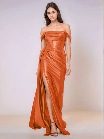 Off Shoulder Bodice Drop Waist Satin Bridesmaid Dress with Slit