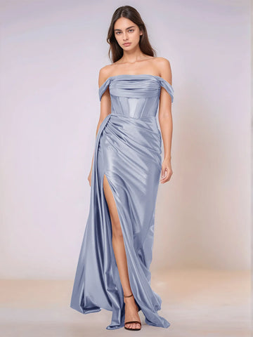 Off Shoulder Bodice Drop Waist Satin Bridesmaid Dress with Slit