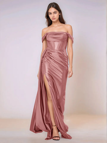 Off Shoulder Bodice Drop Waist Satin Bridesmaid Dress with Slit